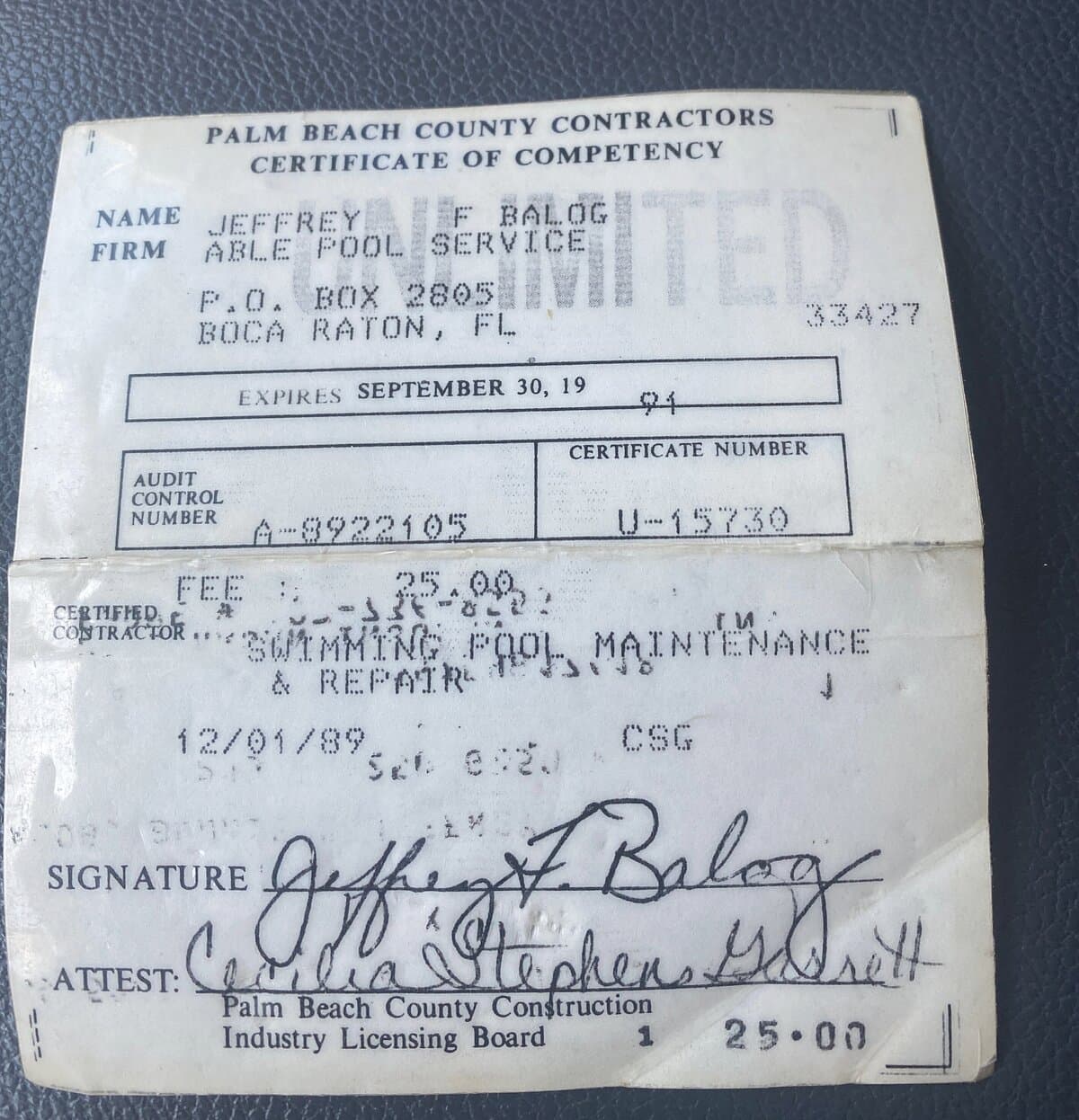Palm Beach County Contractors Certificate of Competency issued December 1, 1989 to Jeffrey F. Balog of Able Pool Service, Boca Raton — certificate U-15730, swimming pool maintenance & repair, stamped Unlimited.