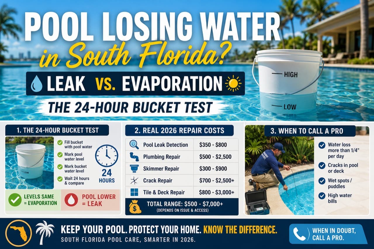 Pool Losing Water in South Florida? Leak vs. Evaporation — The 24-Hour Bucket Test, Real 2026 Repair Costs & When to Call a Pro