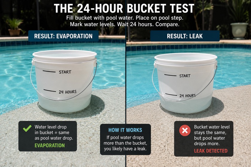 Five-gallon bucket of pool water taped to the pool steps with the water level marked, set up for the 24-hour bucket test to tell a leak from evaporation