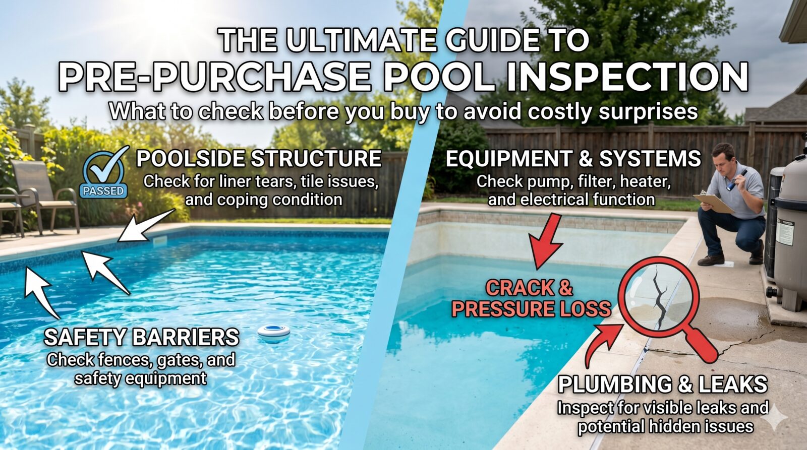Florida's Best Pools technician performing a dedicated pre-purchase pool inspection on a South Florida home before closing — checking equipment-pad pump, heater, and salt cell that a standard home inspection only glances at